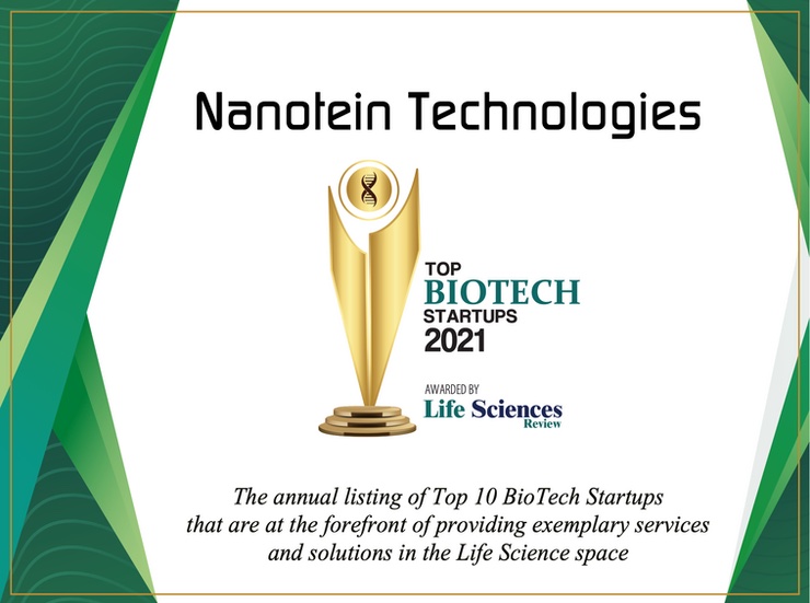 Nanotein Technologies Top Biotech Startup 2021 Certificate